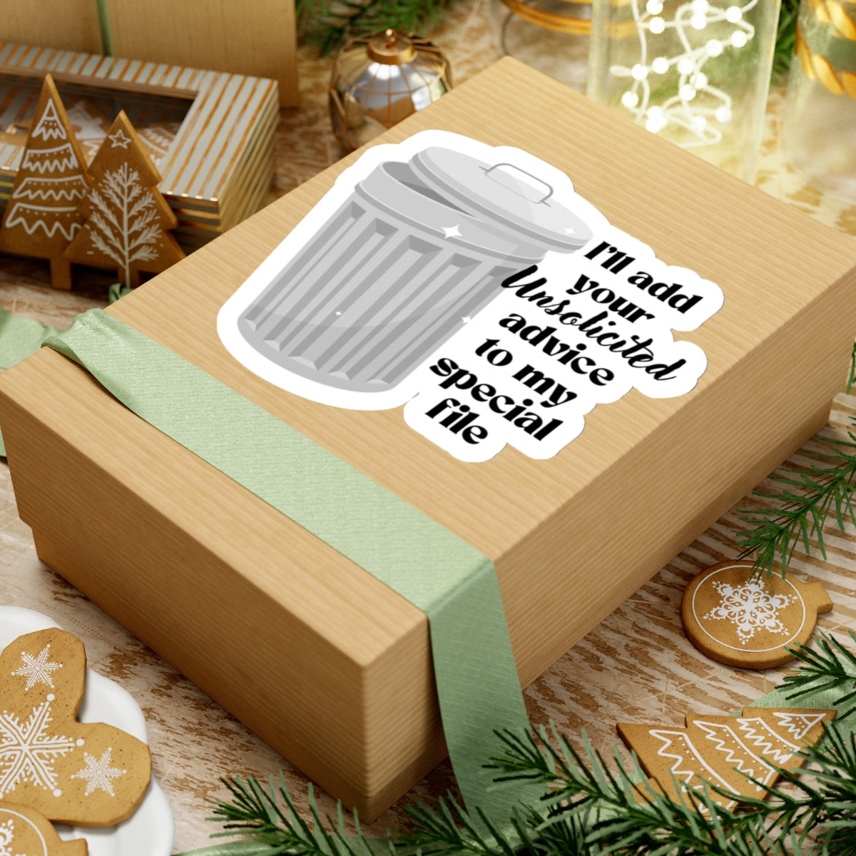 6 inch sticker of a trash can stuck on a box