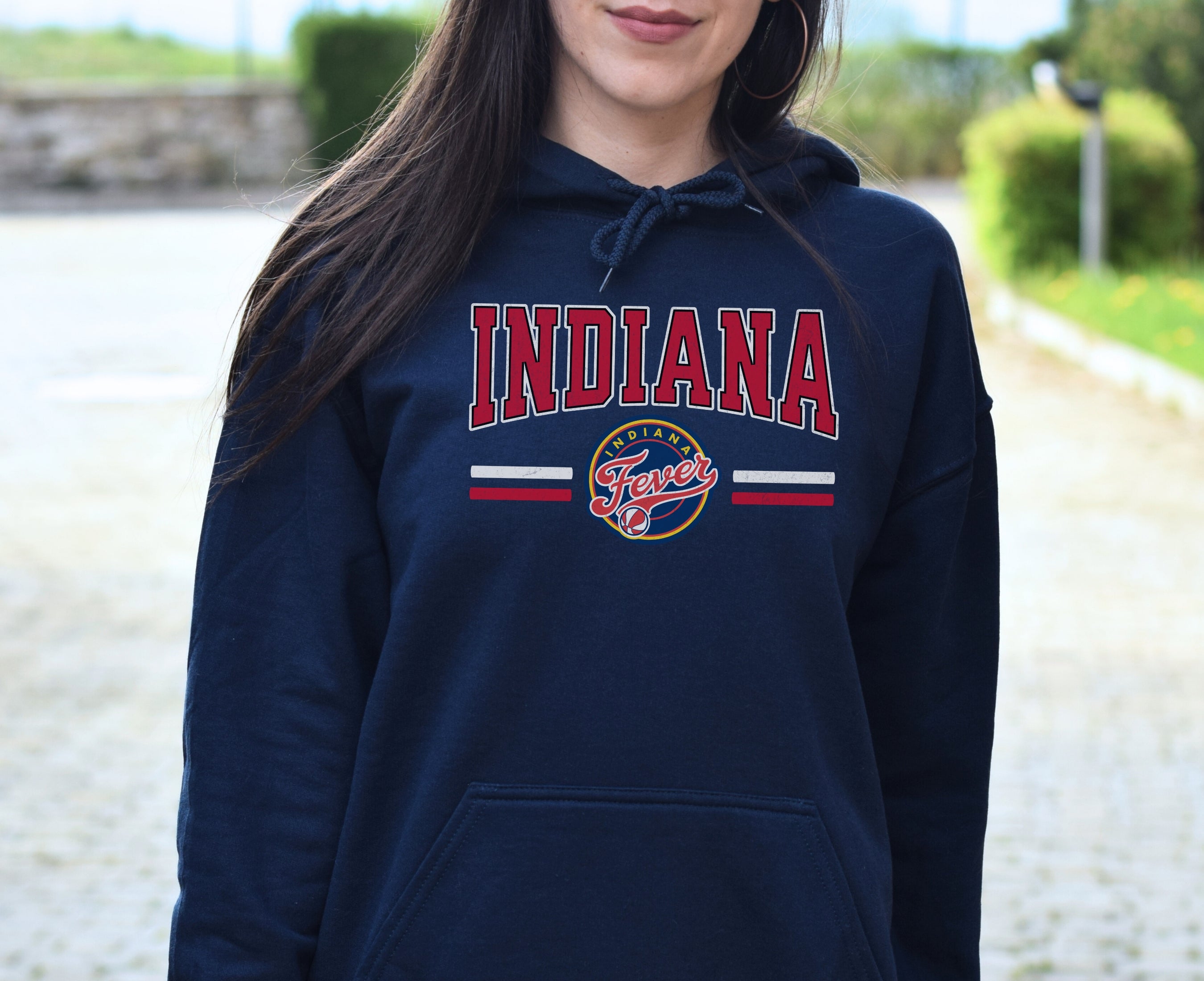 Girl wearing navy Indiana Fever Hoodie Sweatshirt