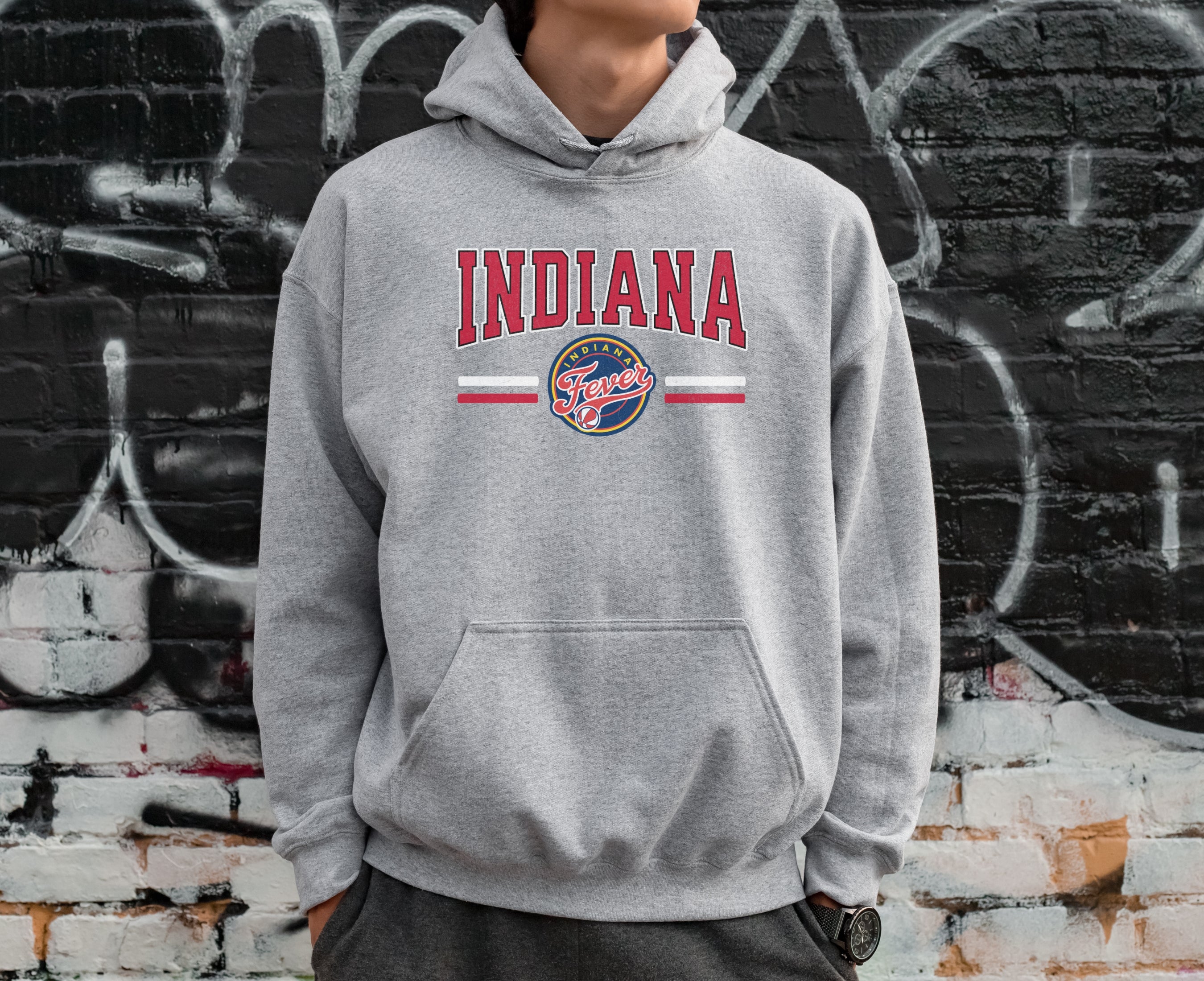 Man wearing athletic heather Indiana Fever Hoodie Sweatshirt