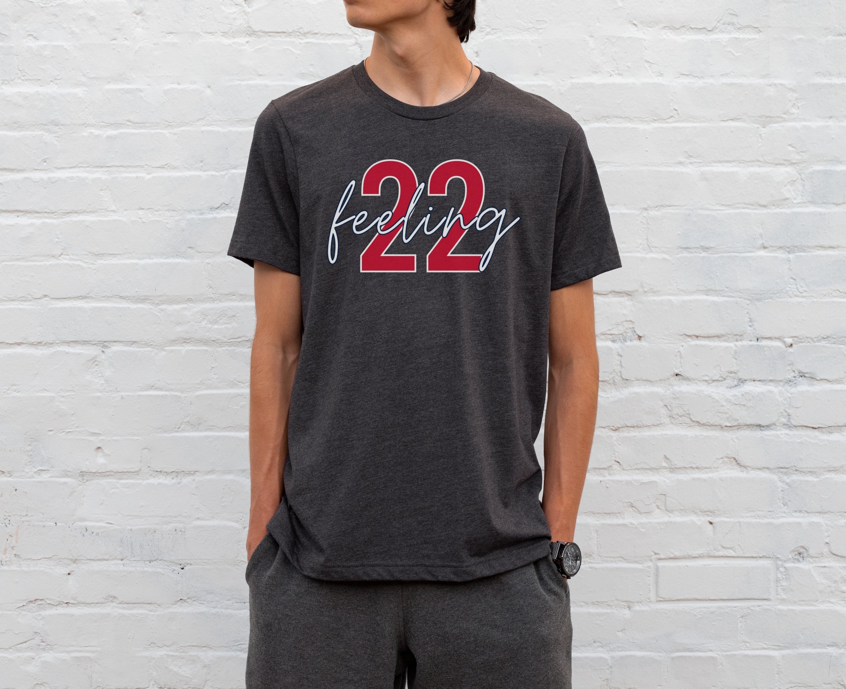 Man wearing dark grey heather feeling 22 t-shirt