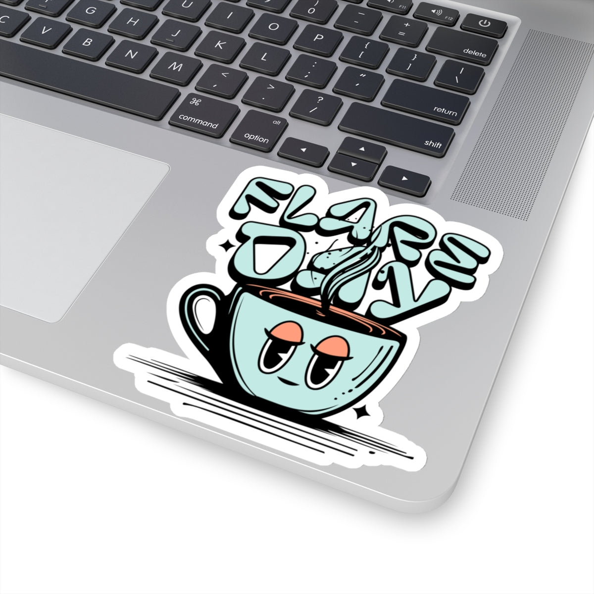 4 inch tired mug flare day sticker on laptop