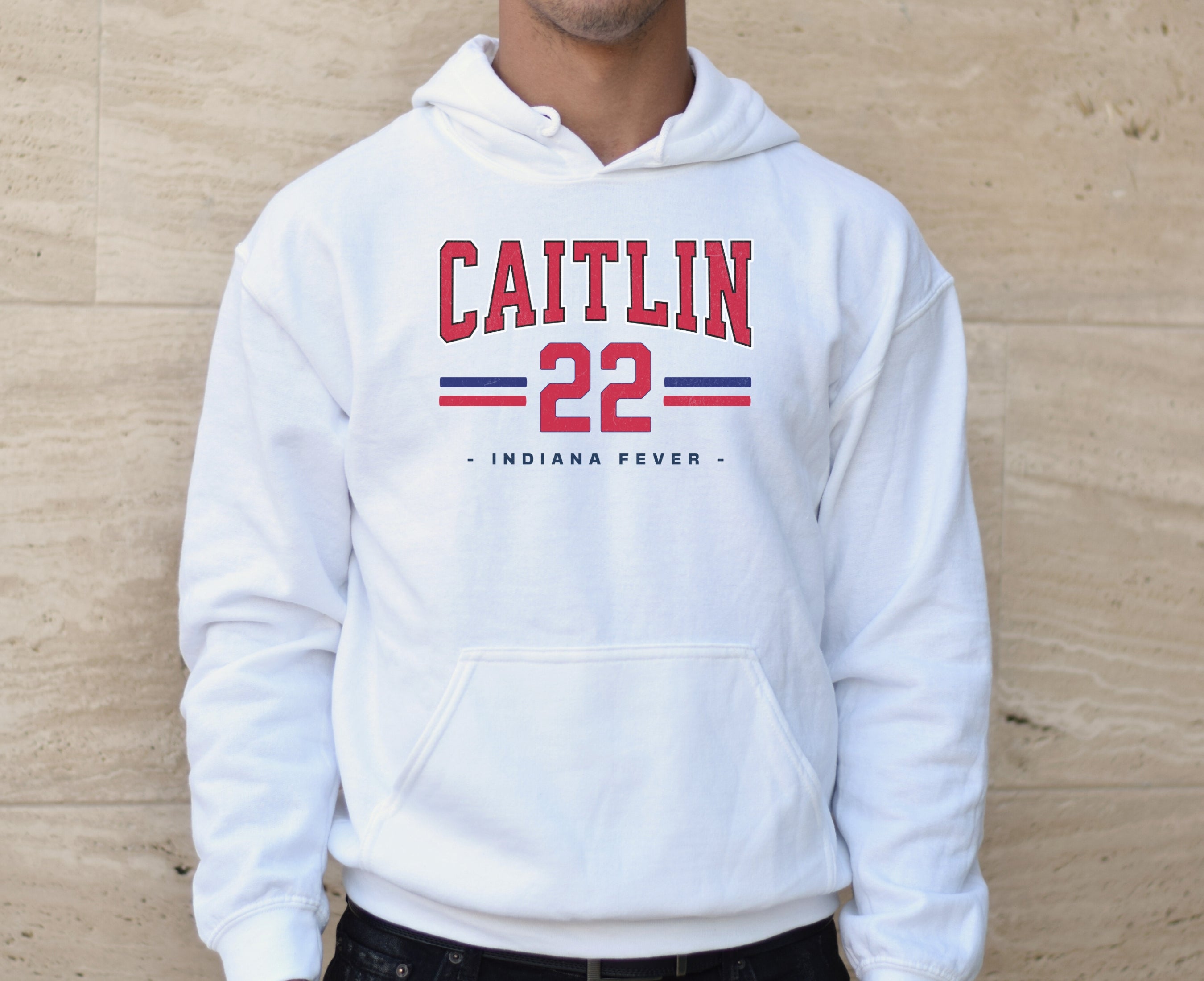 Man wearing white Caitlin Clark 22 Hoodie