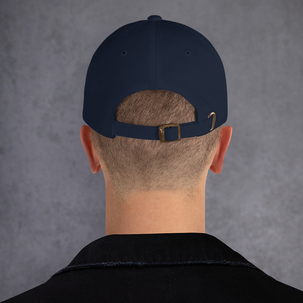 Back of man wearing navy cap